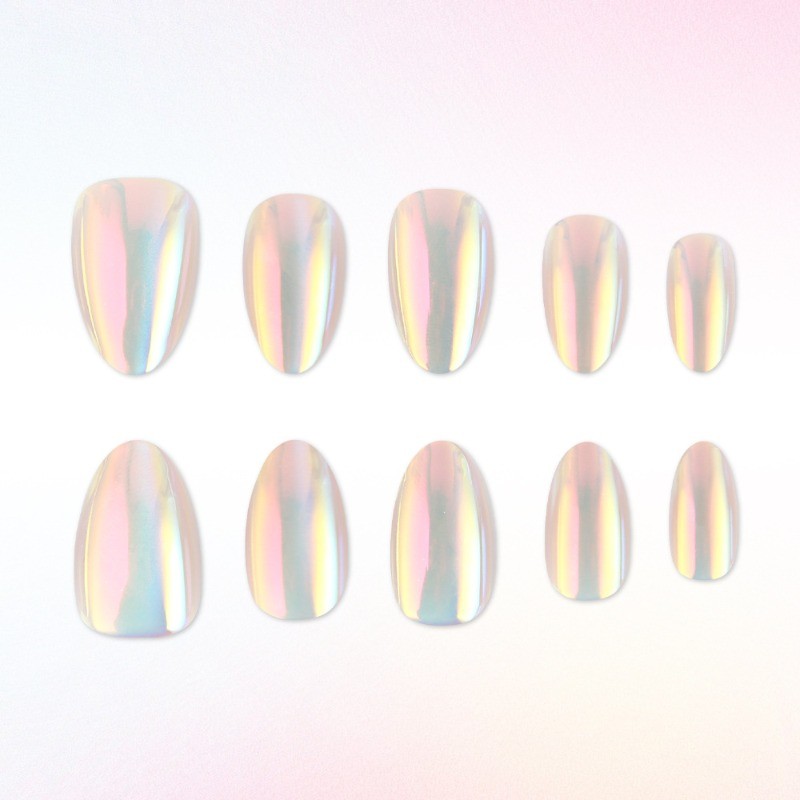 64pcs-Silver Holographic Press on Nails, Medium Almond Chrome Mirror Fake Nails