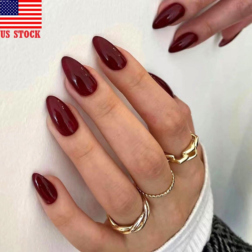 24Pcs Wine Red Press on Nails Short Almond Glue on Nails with Glossy Design USA