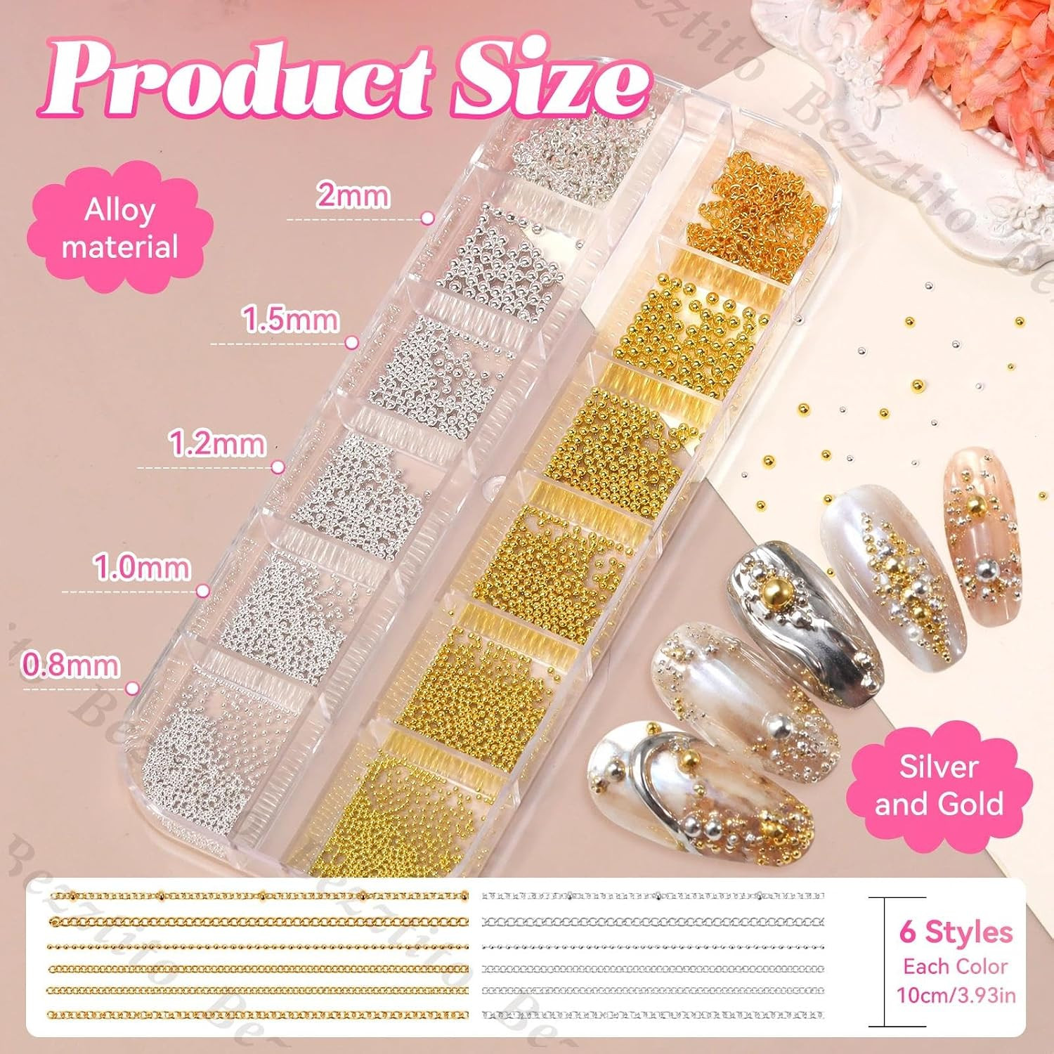 Gold Silver Caviar Beads 0.8-2Mm, Nail Chains & Metal Beads Kit | round Metal Na