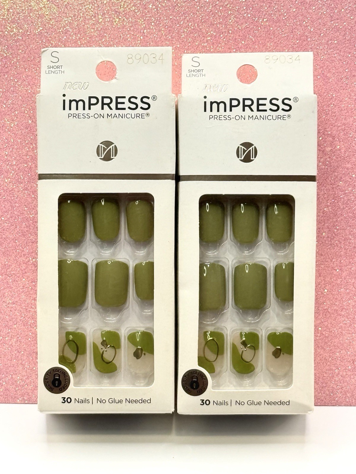 Kiss imPRESS No Glue Press-On Nails Manicure Short Green Gold 89034 Lot Of 2
