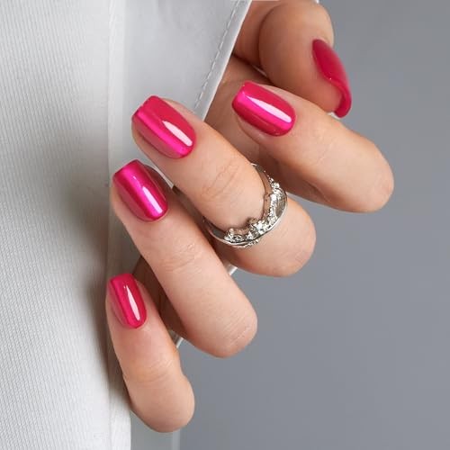 30pcs Press on Nails, Acrylic Fake Nail with Apricot Short Chrome hot pink