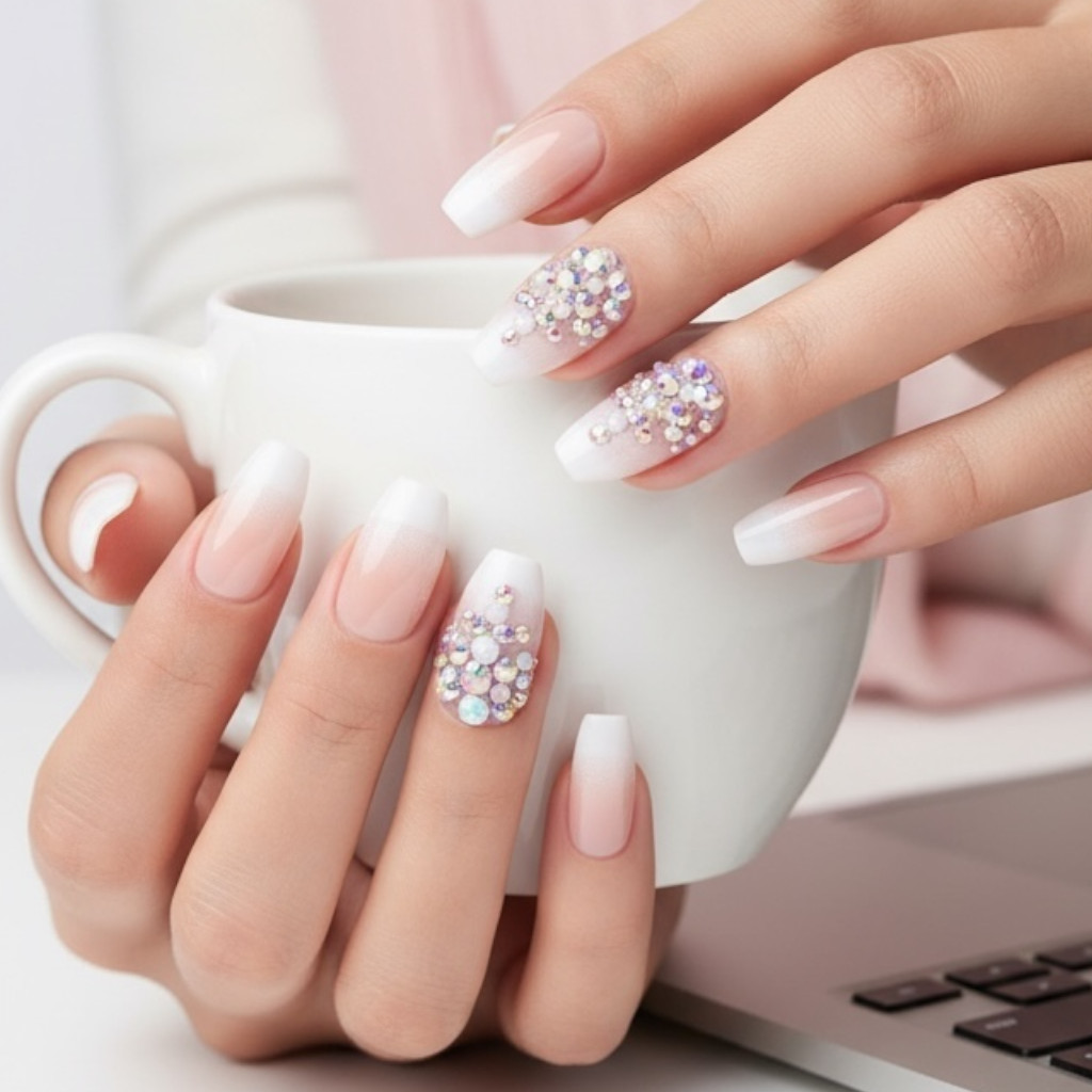 Nude Pink White Ombre French 3D Crystal Press On Nails Long Coffin Fake Nails