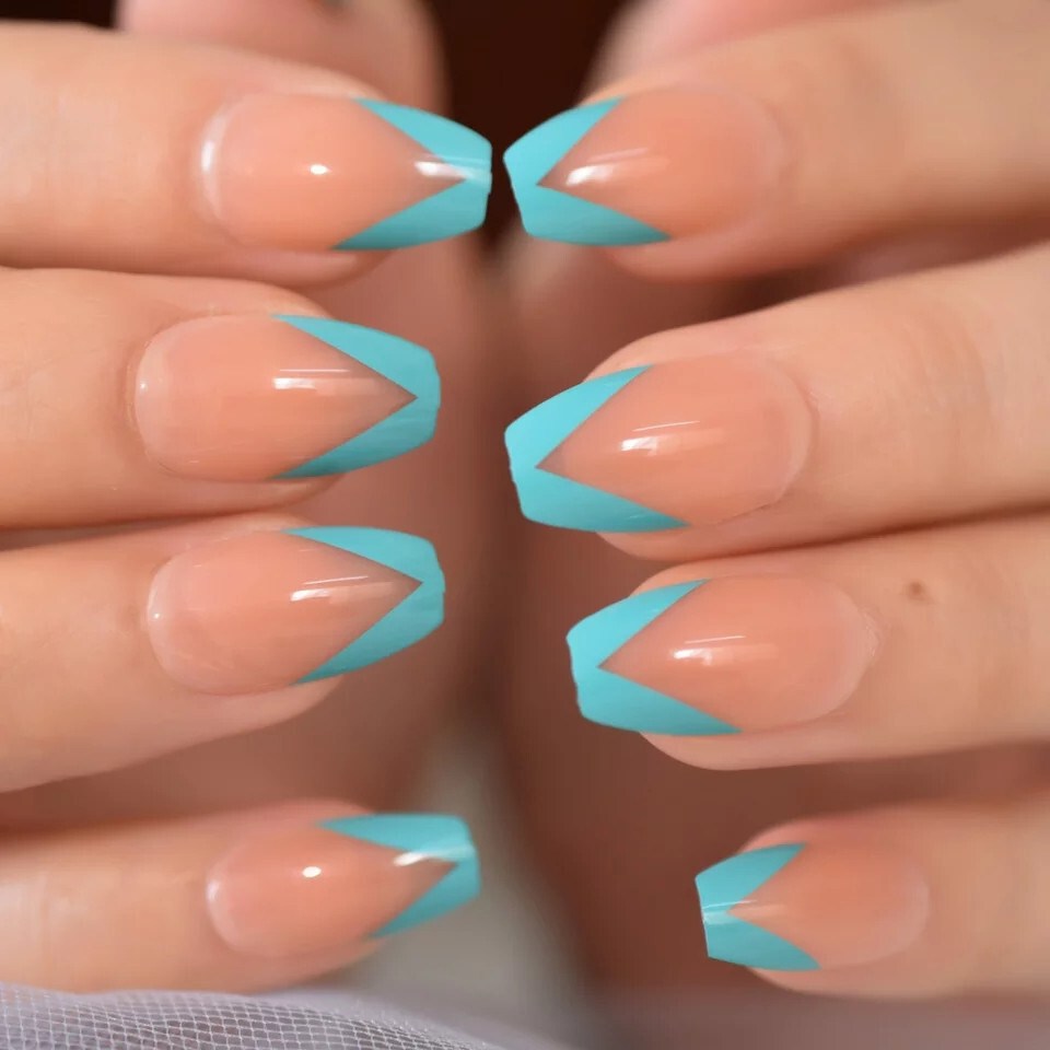 24 Medium Press on Nails kit glue on turquoise rim aqua v french nude