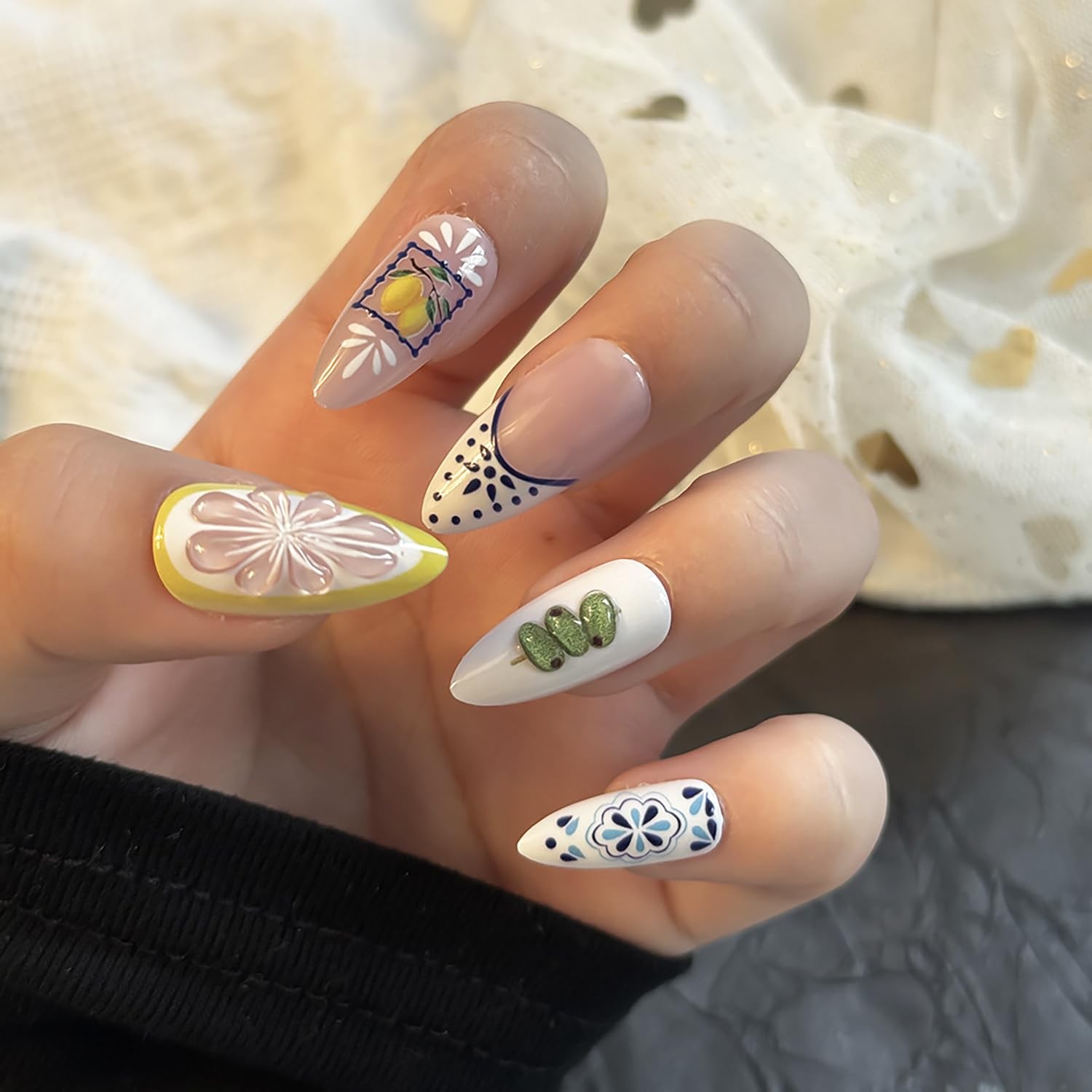 24pcs Summer Press on Nails Medium Almond Fake with Almond, Manicure-13