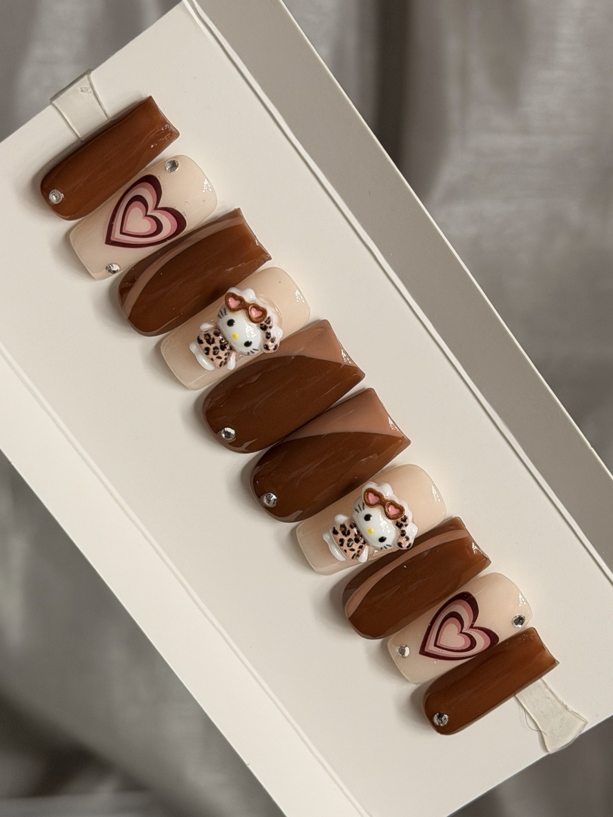 ✨ CUSTOM Press On Nails Brown Nude HELLO KITTY BLING 10p SET W Kit
