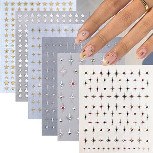 6 Sheets Star Nail Art Stickers Glitter Rhinestones Star Star Nail Stickers-12