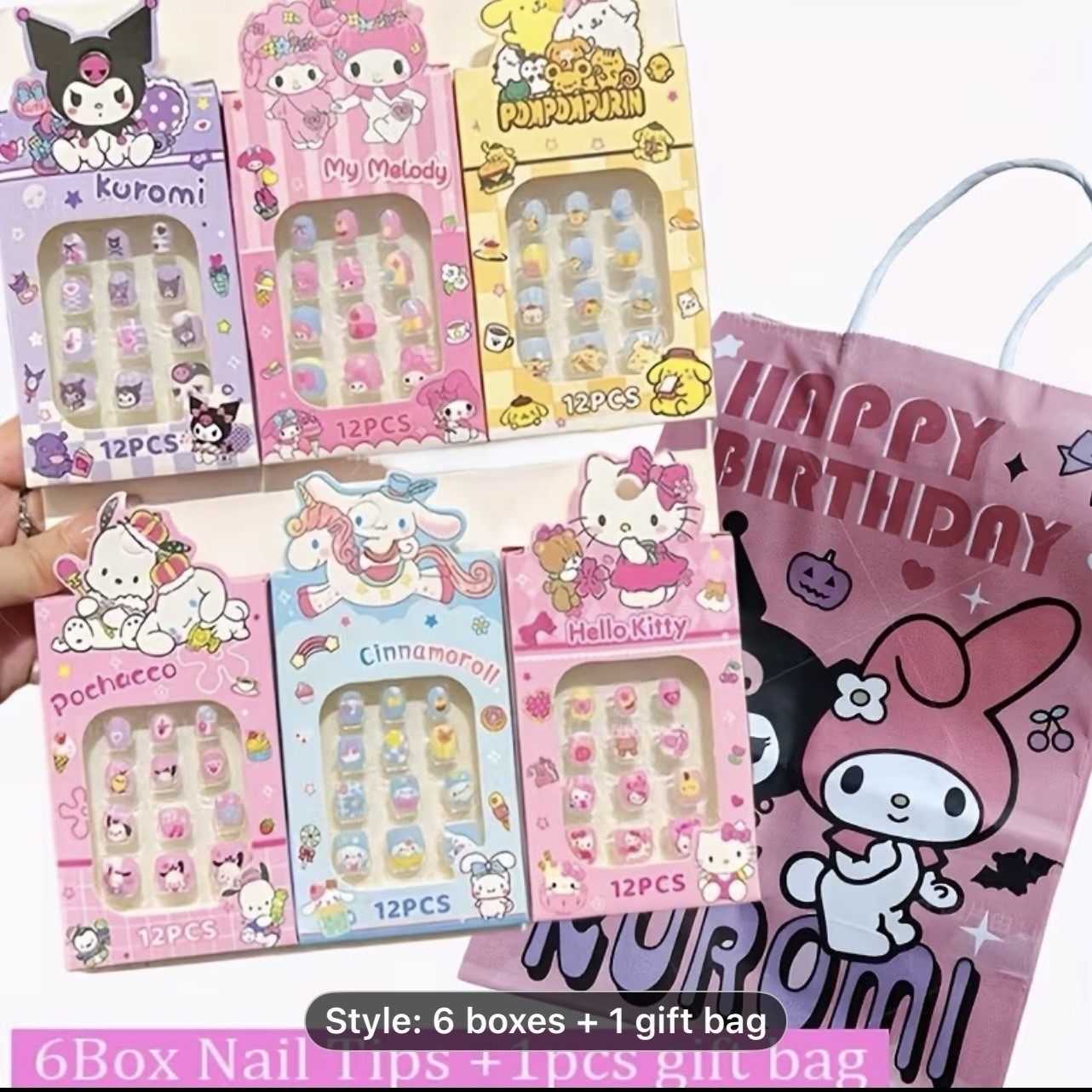 6Box Set San Rio Hello Kitty & Friends Press On Nails for Girls + Gift Bag. New