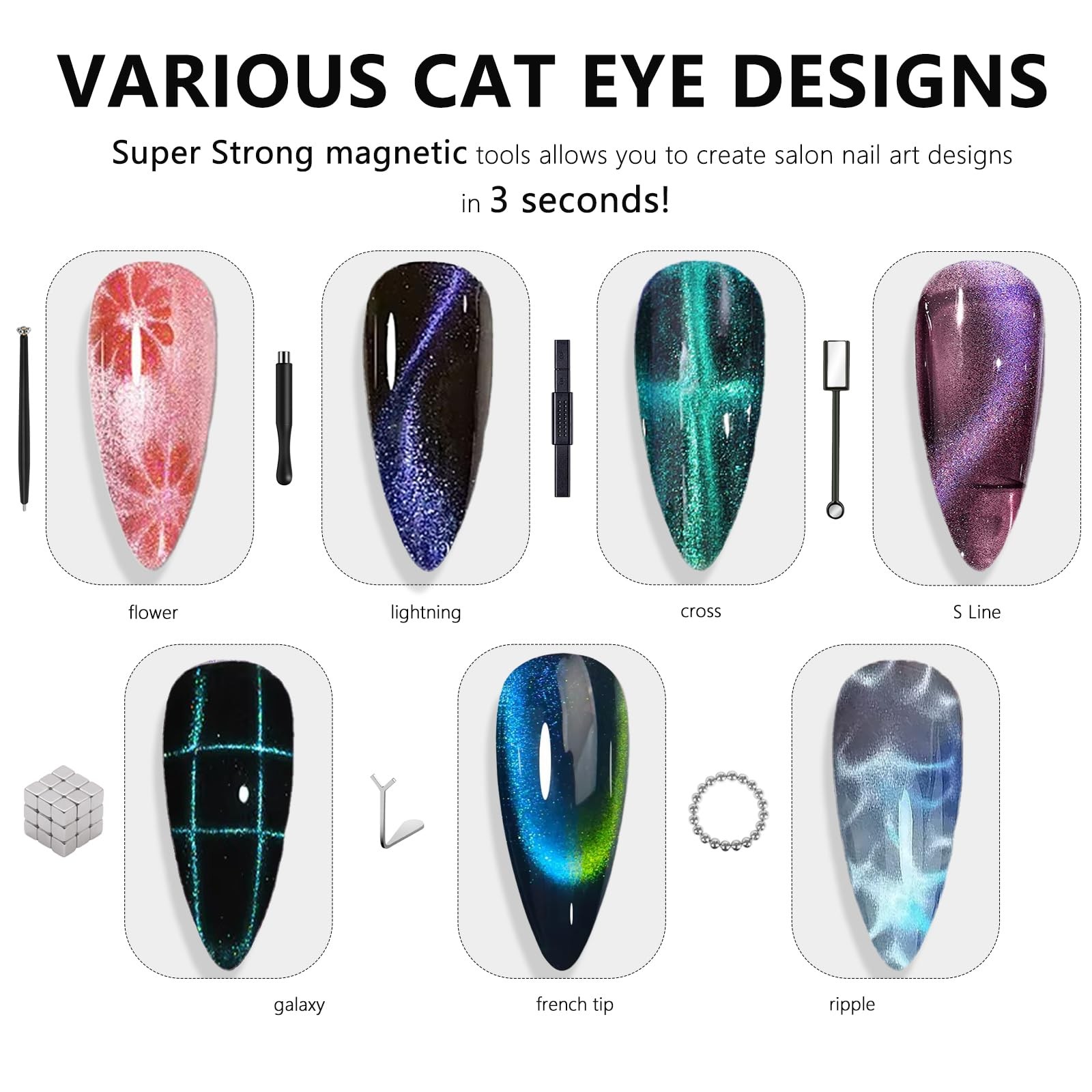 61Pcs Cat Eye Nail Magnet Tool Set, Cat Eye Heart Magnet for Nails, Cat Eye G…