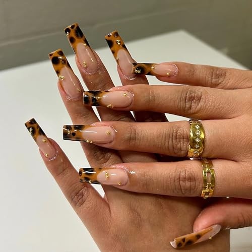 Square Press on Nails Long Fake Nails Brown French Tip Glue on bbfnH002