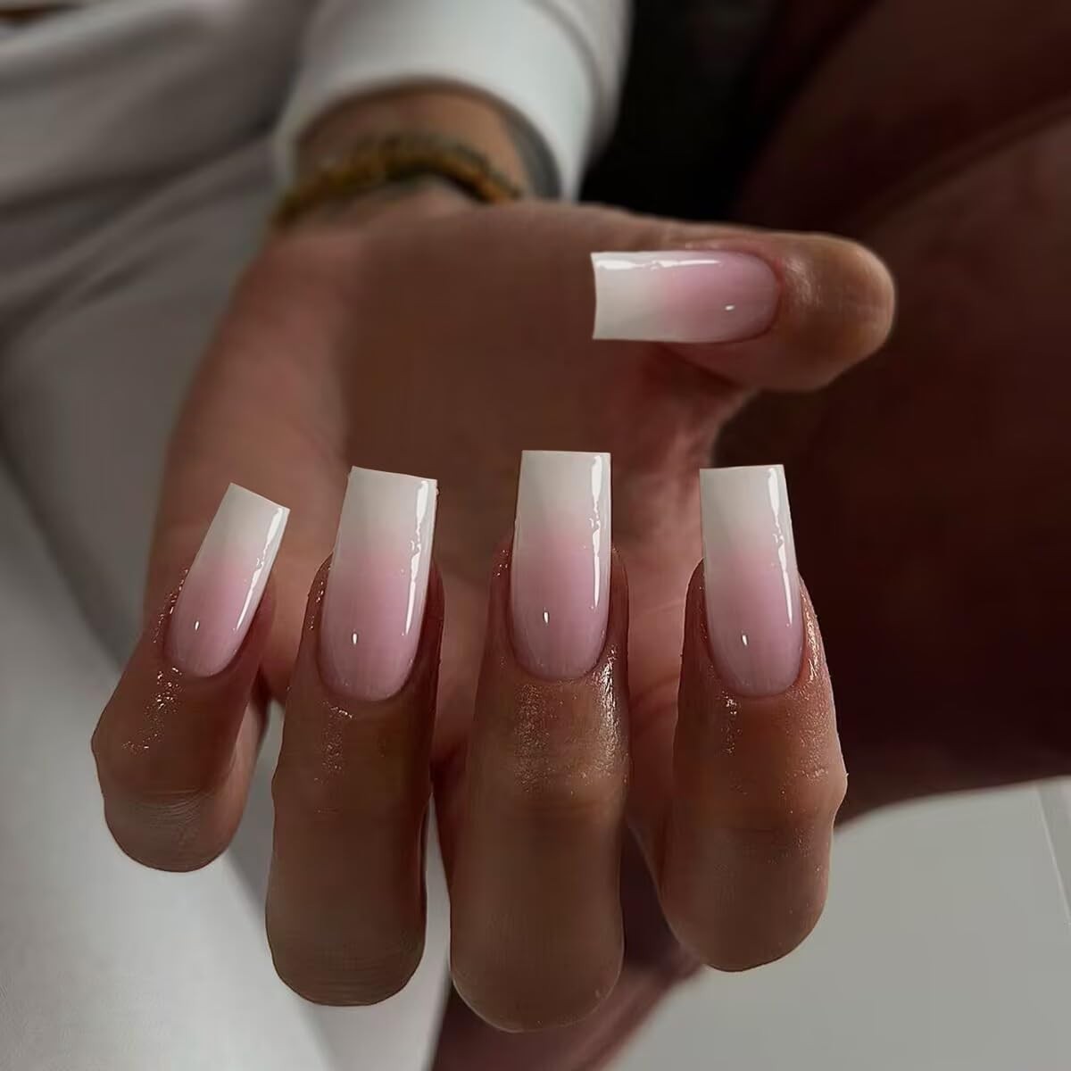 Ombre Pink Press on Nails Long Square Shaped Gradient French Fake Nails 24pcs