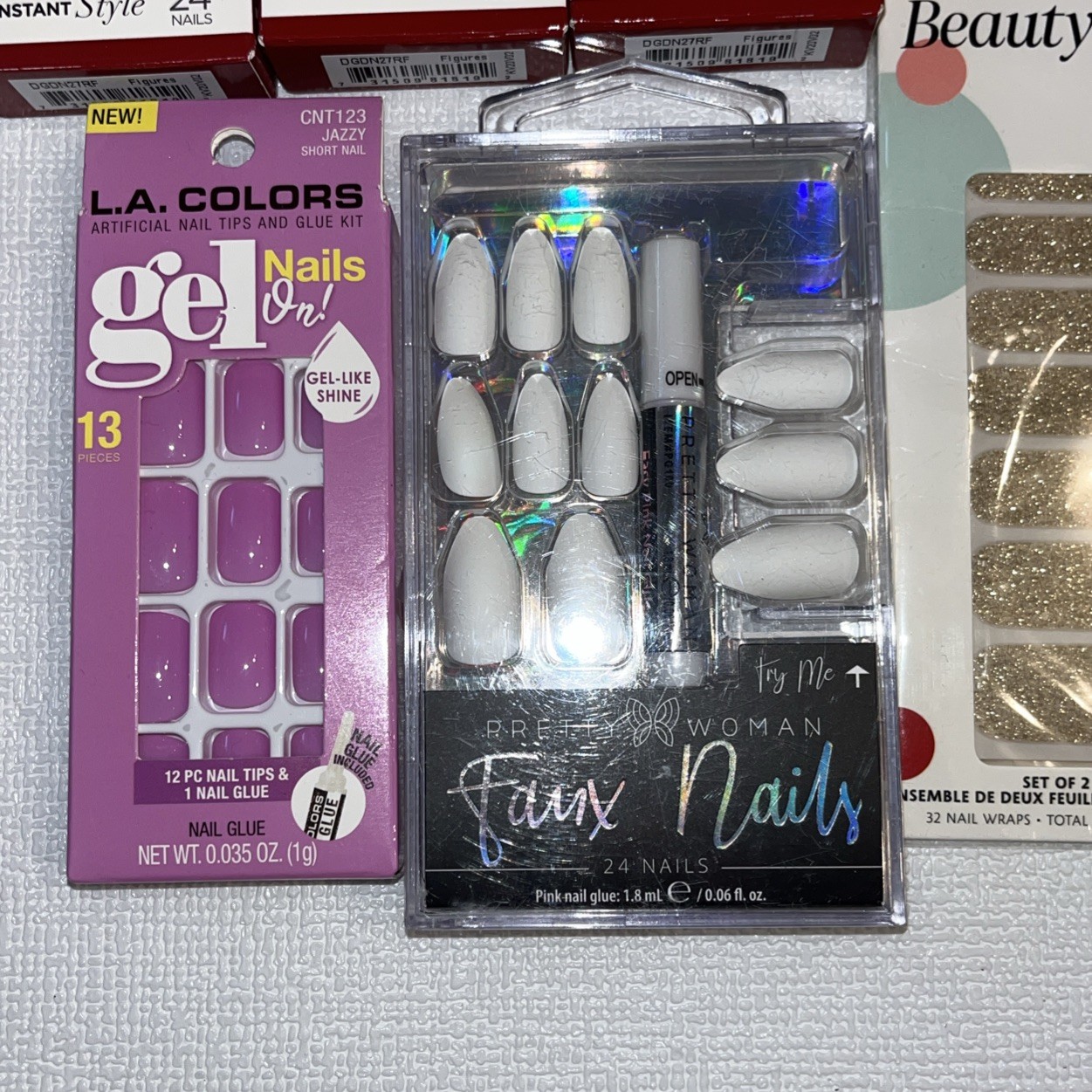 Large Press On Fake Nail & Nail Glue Lot 9 NEW items 109 Nails 2 Nail Wrap Sheet