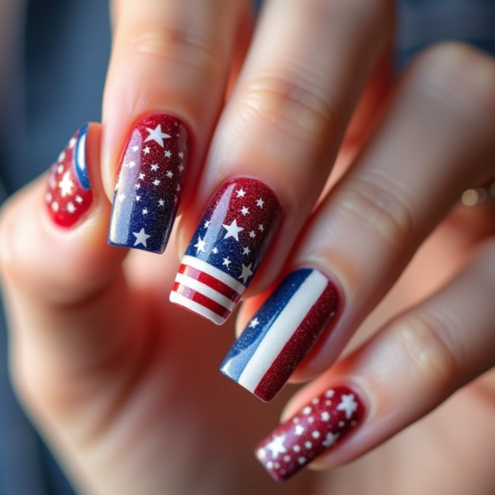 4th of July Five-pointed Star Press on Nails Short Square Multicolor