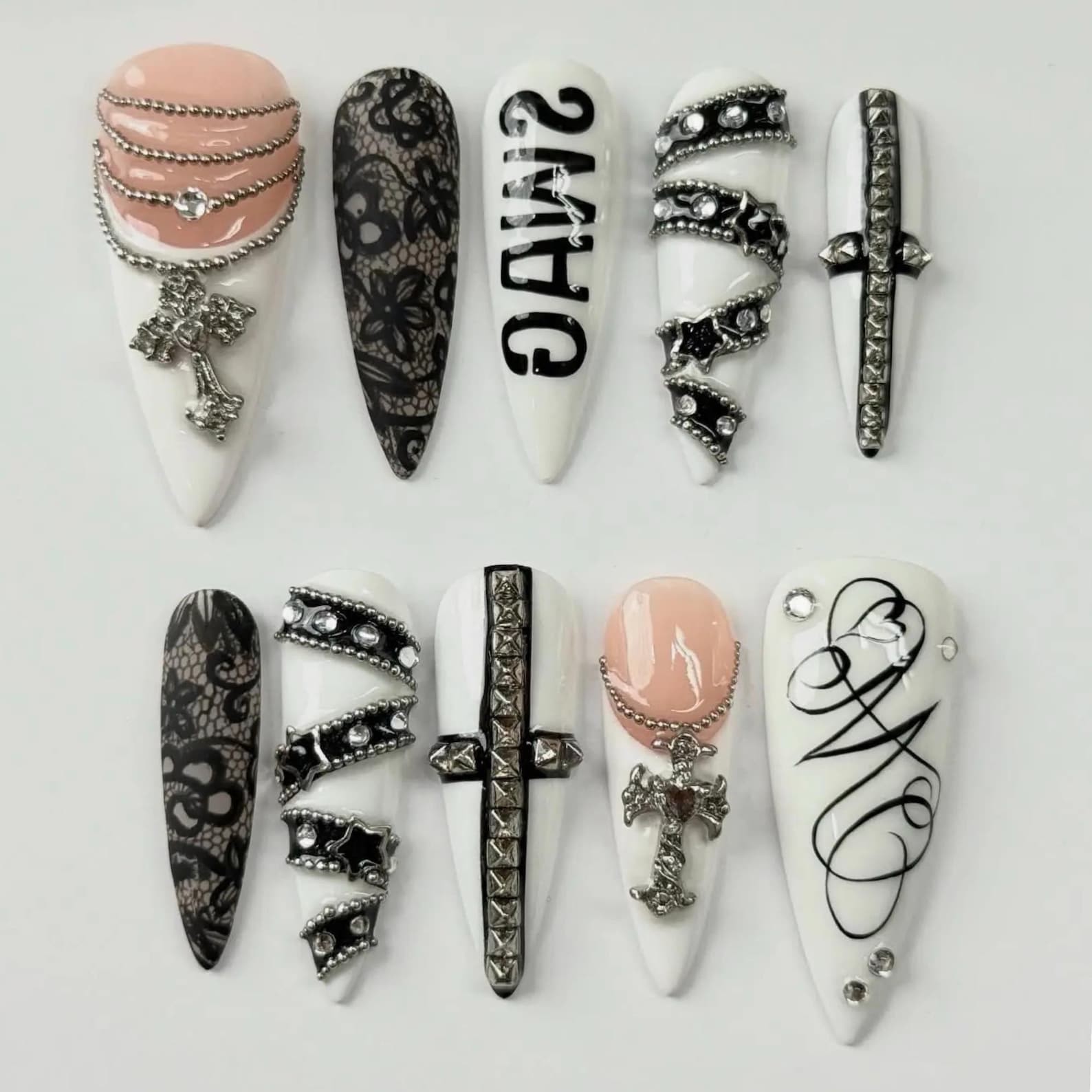 Handmade Black White Lace Cross Chain Rhinestone Letter Stiletto Press on Nails