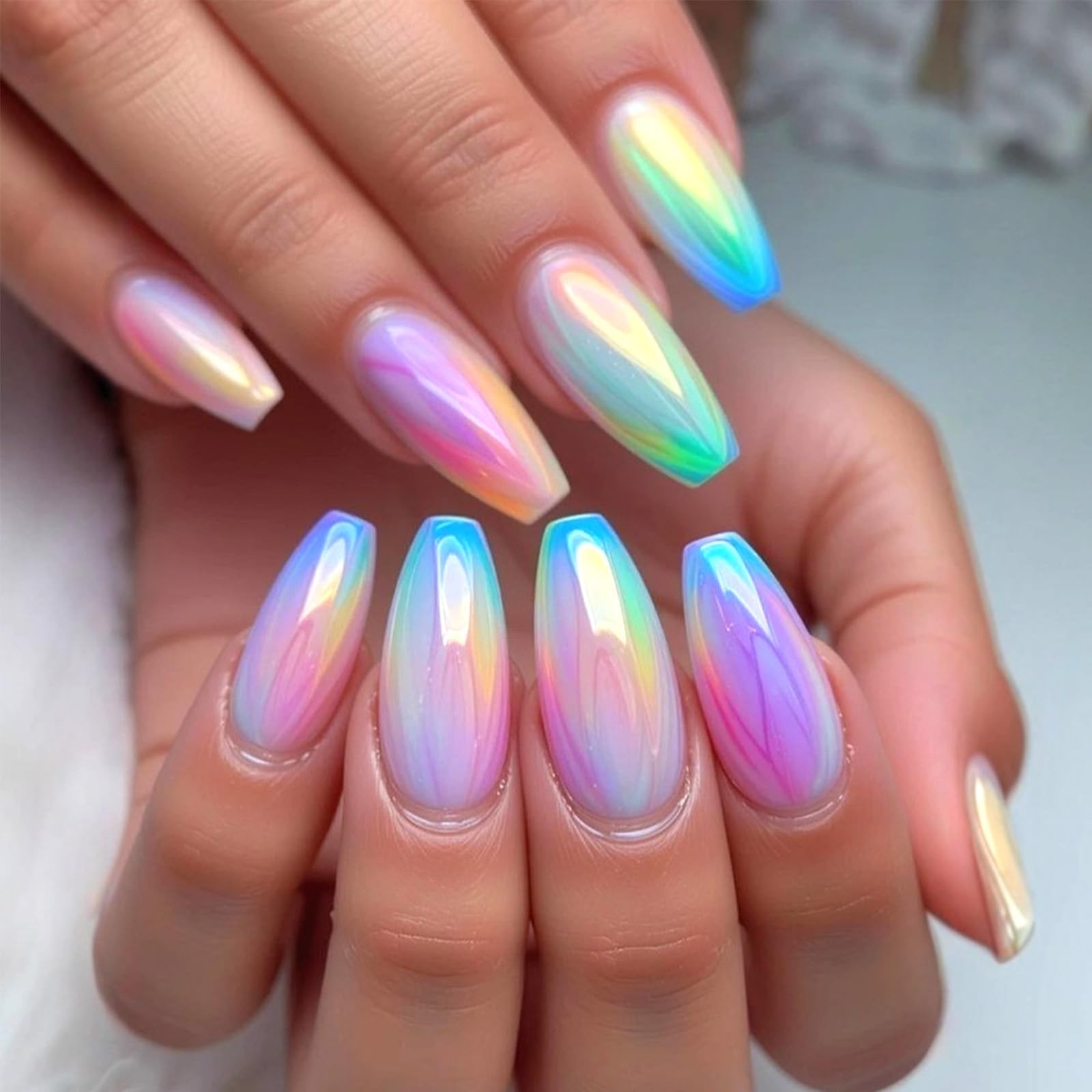 Chrome Press on Nails Medium Coffin Fake Dreamy Medium, Multicolor