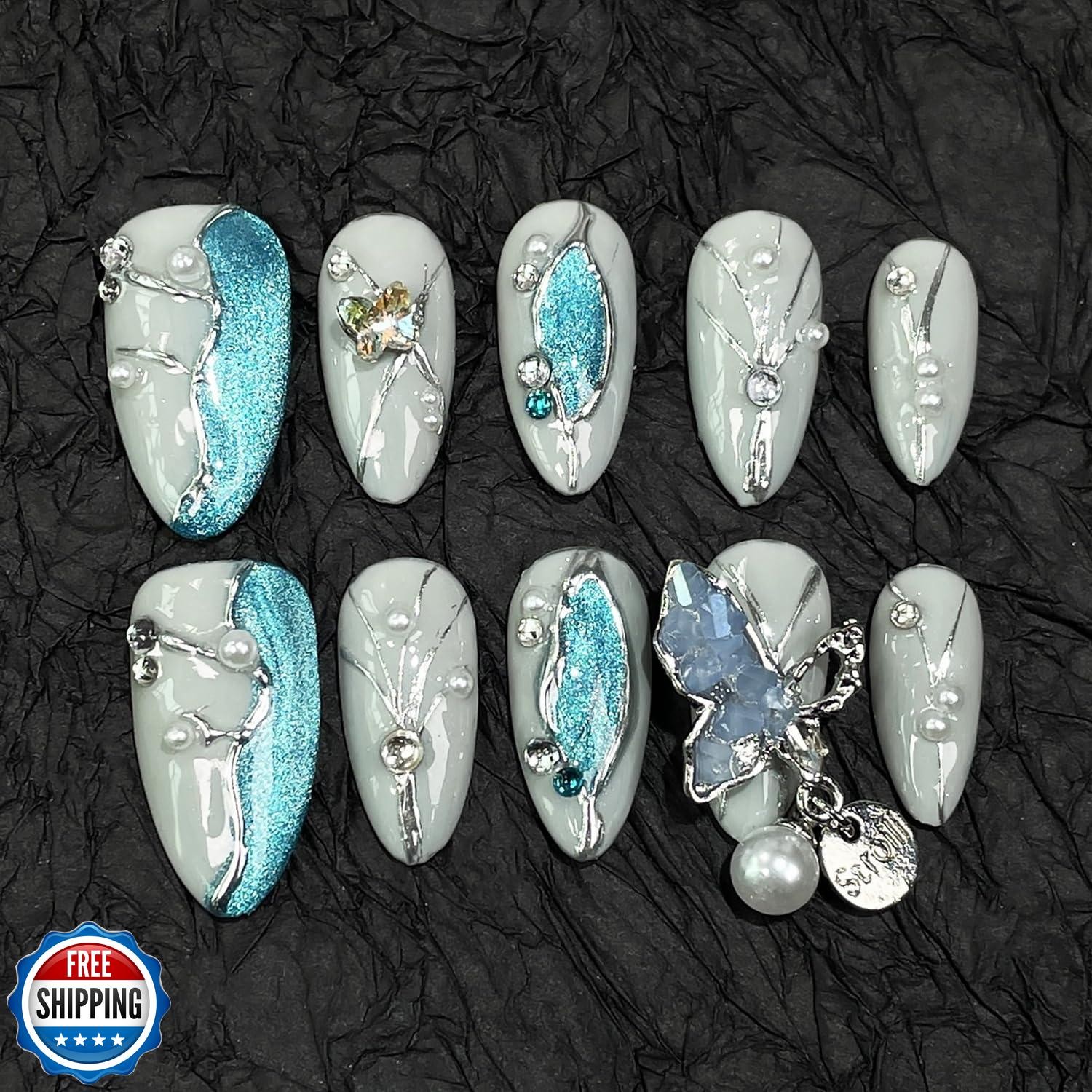 Almond Handmade Press on Nails Blue Glitter Acrylic Nails with 3D Irregular P