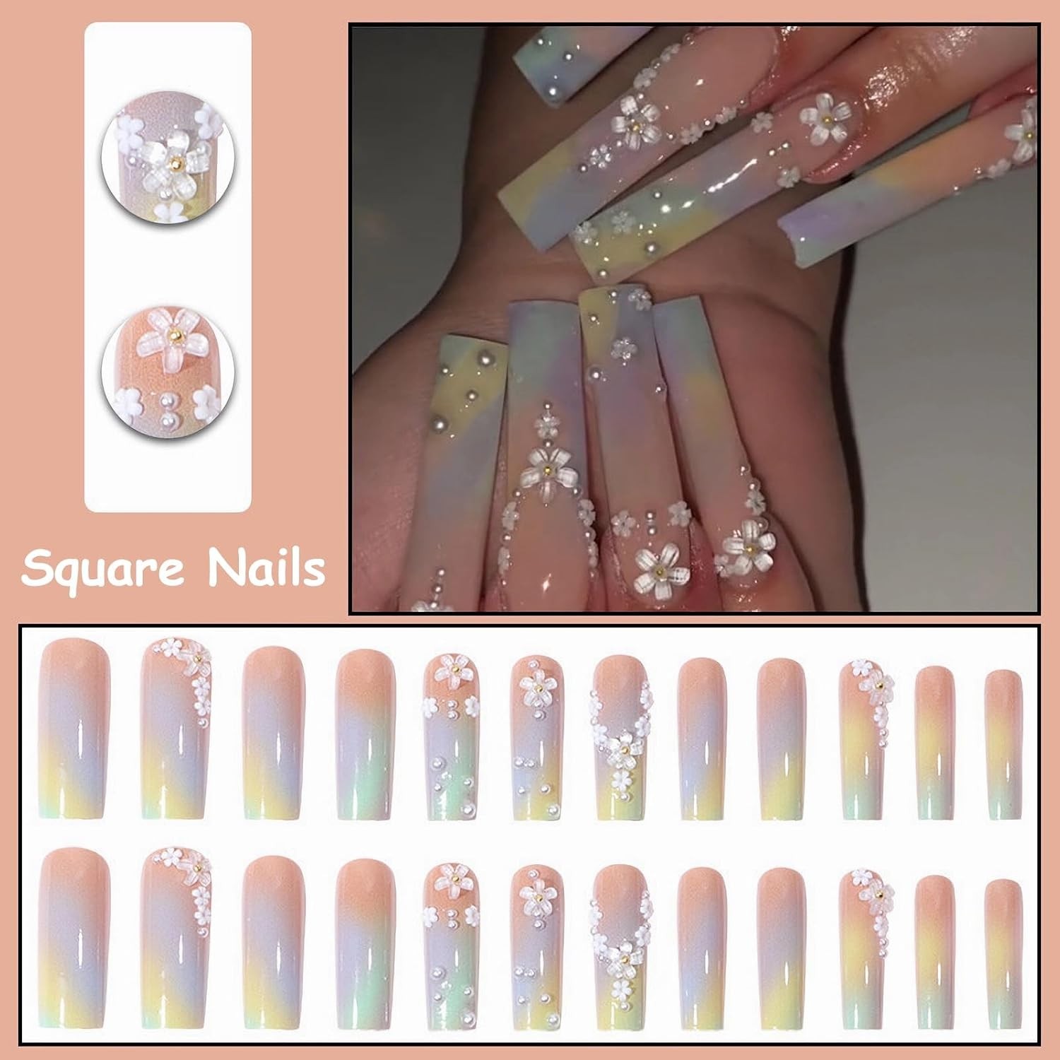 Press on Nails – Long Square Glue on Nails with Summer Colorful Ombre, Acryli…