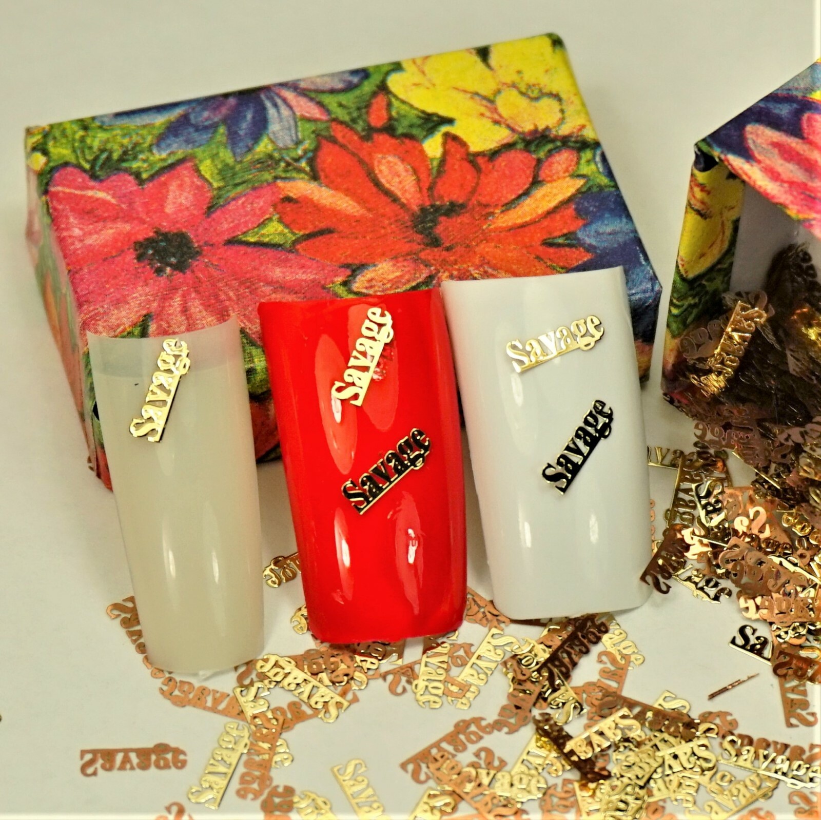 25 GOLD METAL “SAVAGE” NAIL CHARMS NAIL DECALS SMALL GIFT IN BOX FOR WOMEN