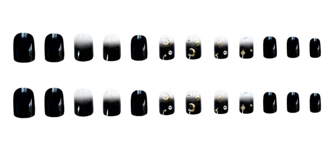 24 Short Goth Black moon celestial Press On Nails w/ Glue clear ombre gems