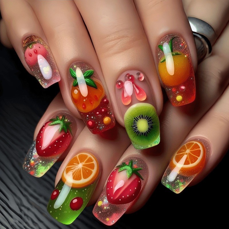 48 pcs of fresh fruit transparent fake nails – removable nails, daily nail art