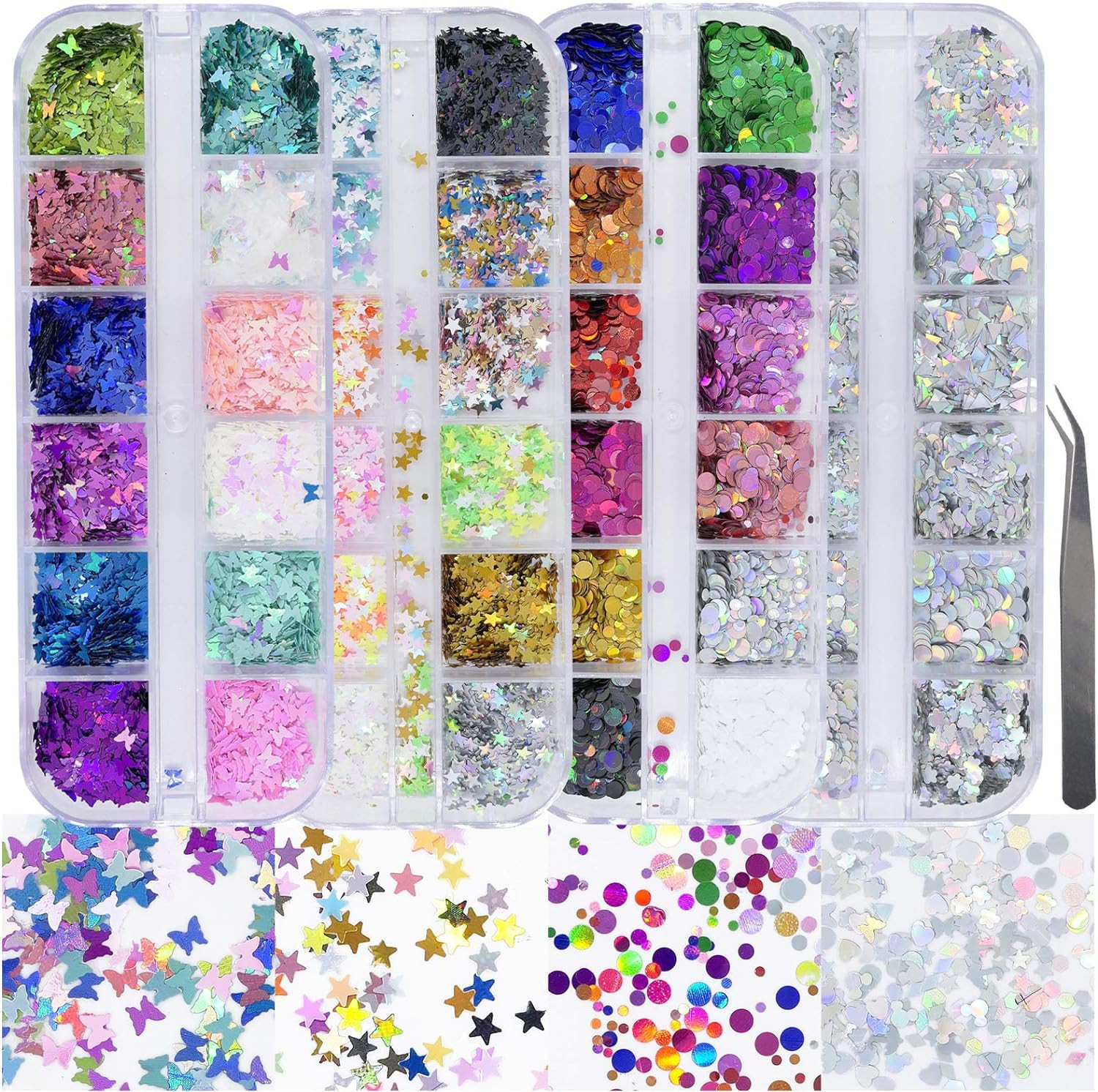 4 Boxes Holographic Nail Sequins Shapes Mixed Iridescent Nail Glitter Flakes But