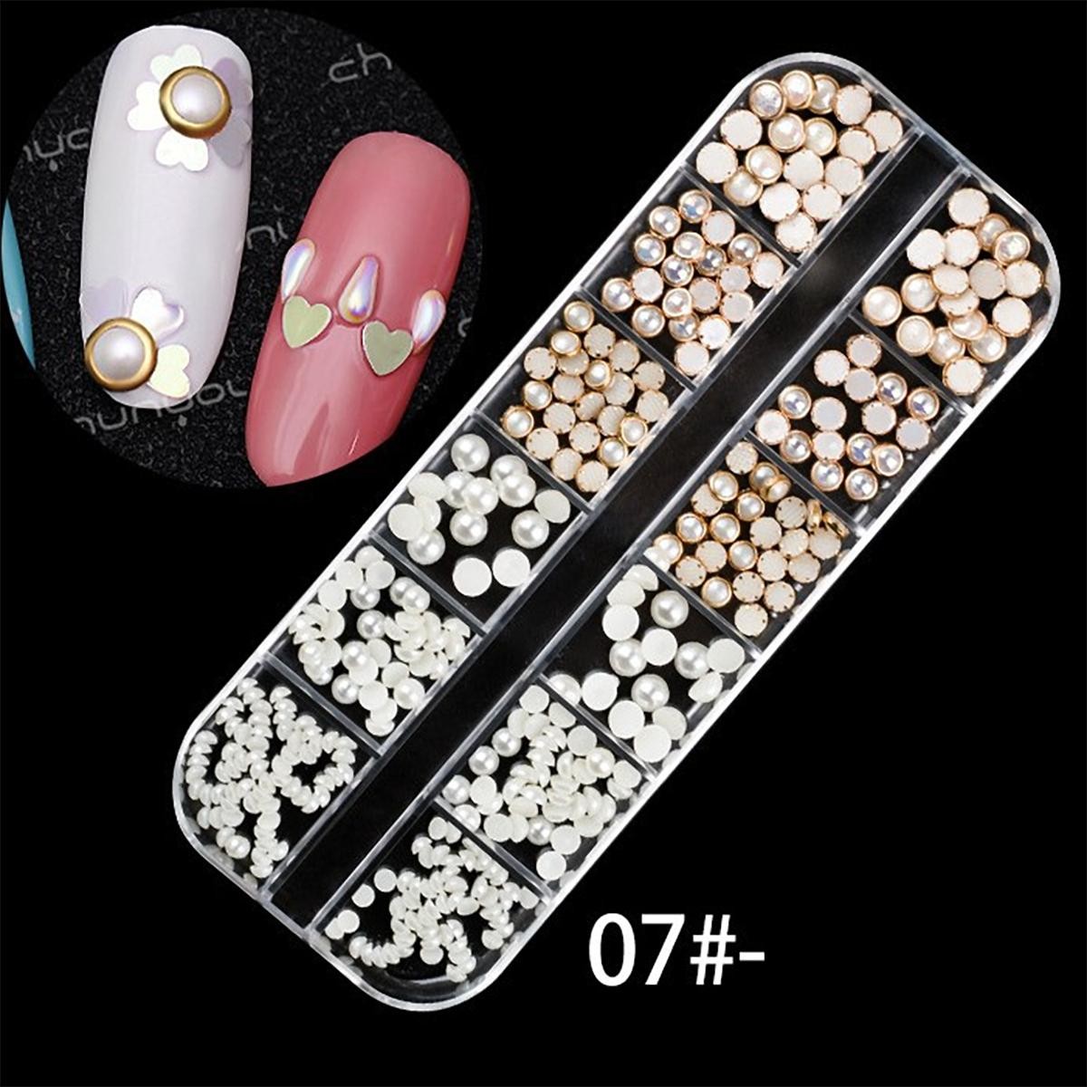 12-Grid Box Mixed Nail Charms, Iridescent Pearls Metal Chains for Acrylic Nails