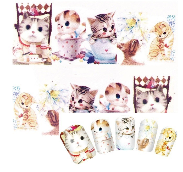 Nail Art Water Decals Spring Cute Kitty Cats Cat Flowers Roses Cats (Group 1)
