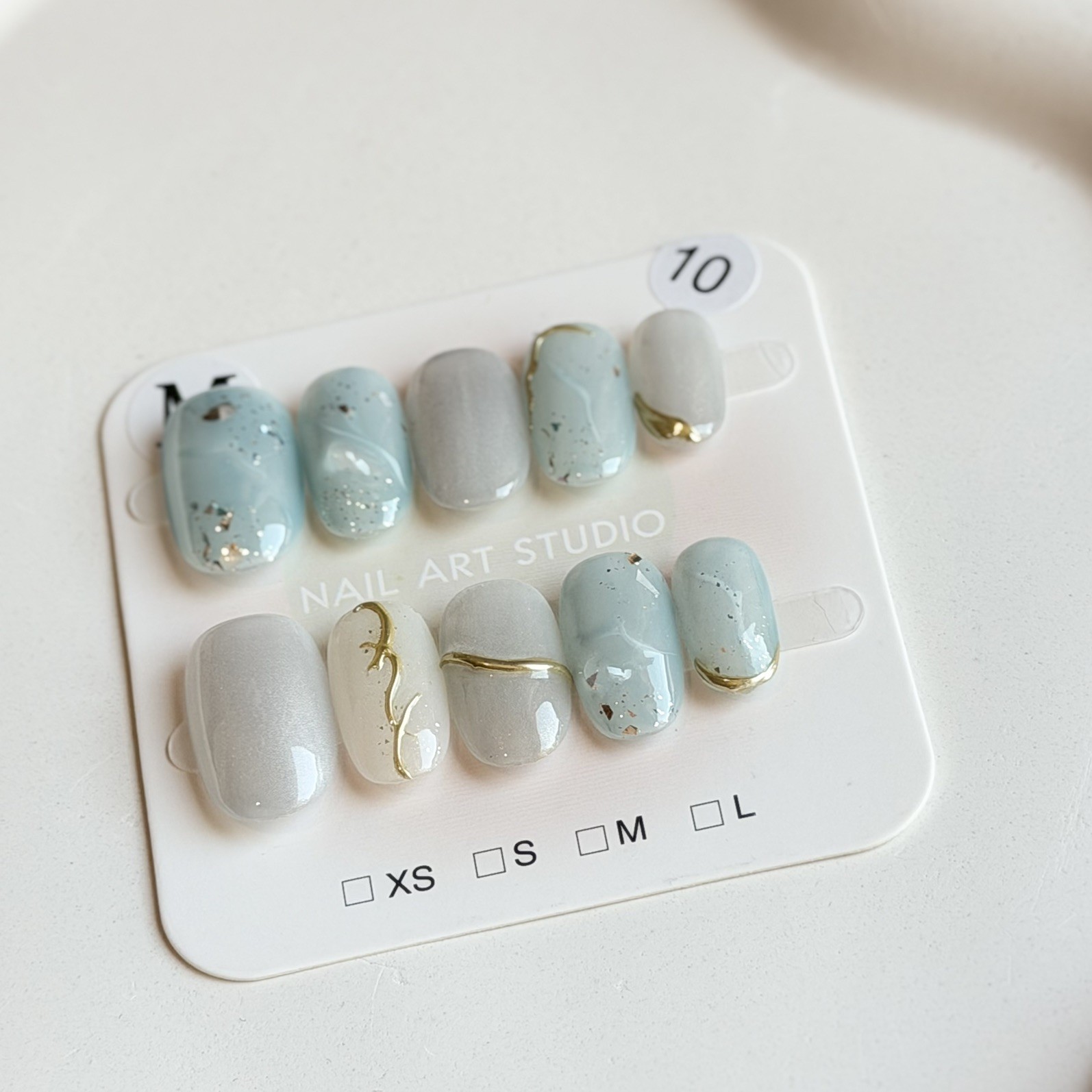 Handmade Light Blue Press-On Nails Size M Short Oval Reusable Fake Nail
