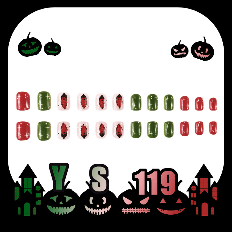 48Pcs-Short Round Red Green Strawberry Star Hand Painted Press on Nails