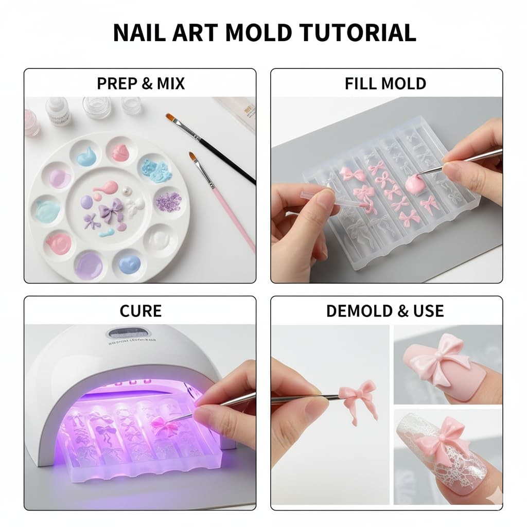 Pizadix 2 Pcs Bow Silicone Nail Art Molds for Women Resin Design bow-3