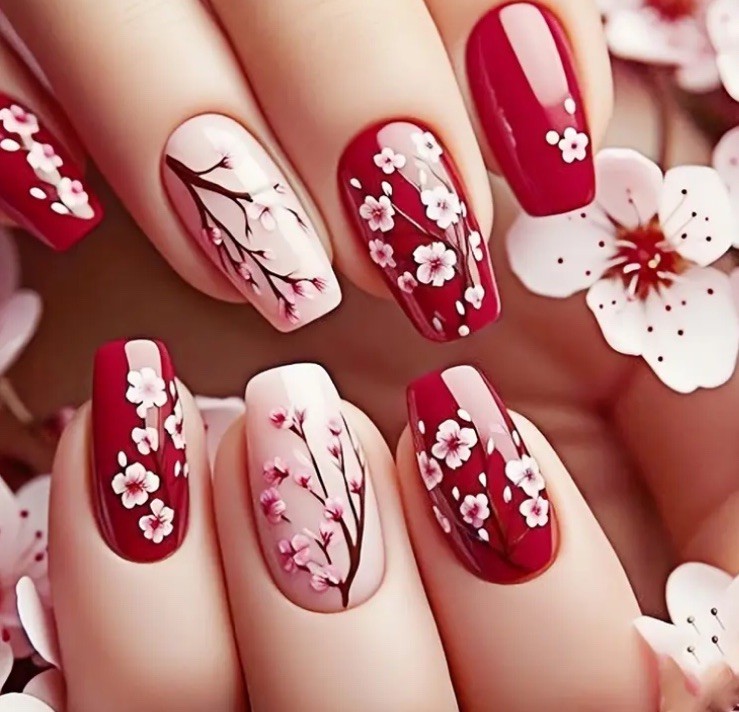 Medium 24 Pc Red Cherry Blossom Nail Tips Boxed Glue & Tabs Nails Ballerina