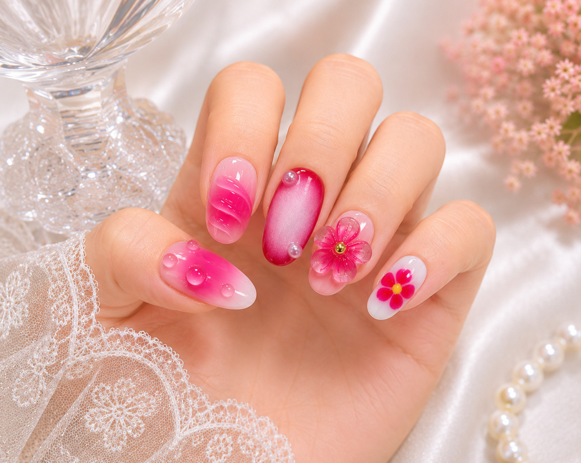 24Pcs Middle Length Pink White French Press On Nails 3D Pearl Almond