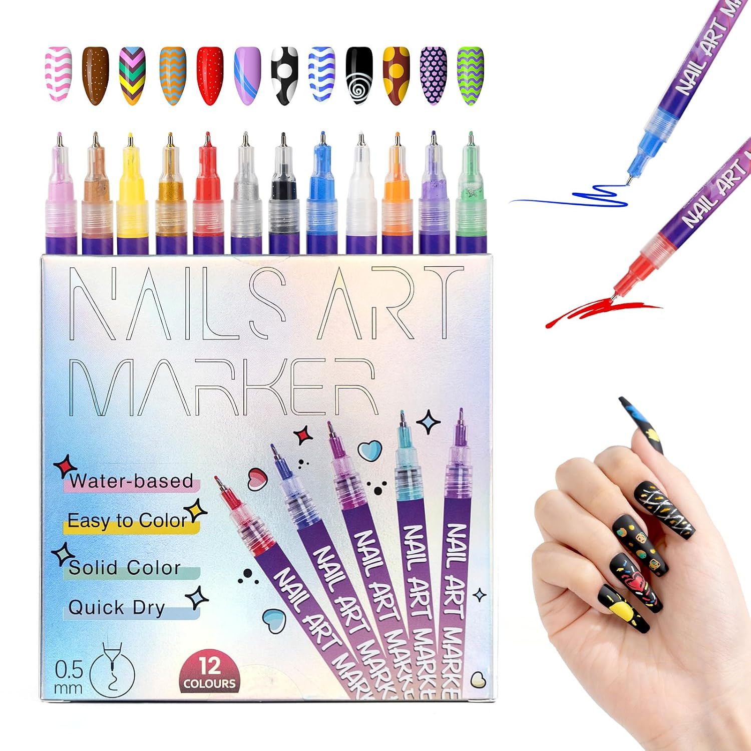 Nail Art Pens, 12 Colors 0.5Mm Fine Tip Water-Based Quick-Dry Pens for DIY Nail