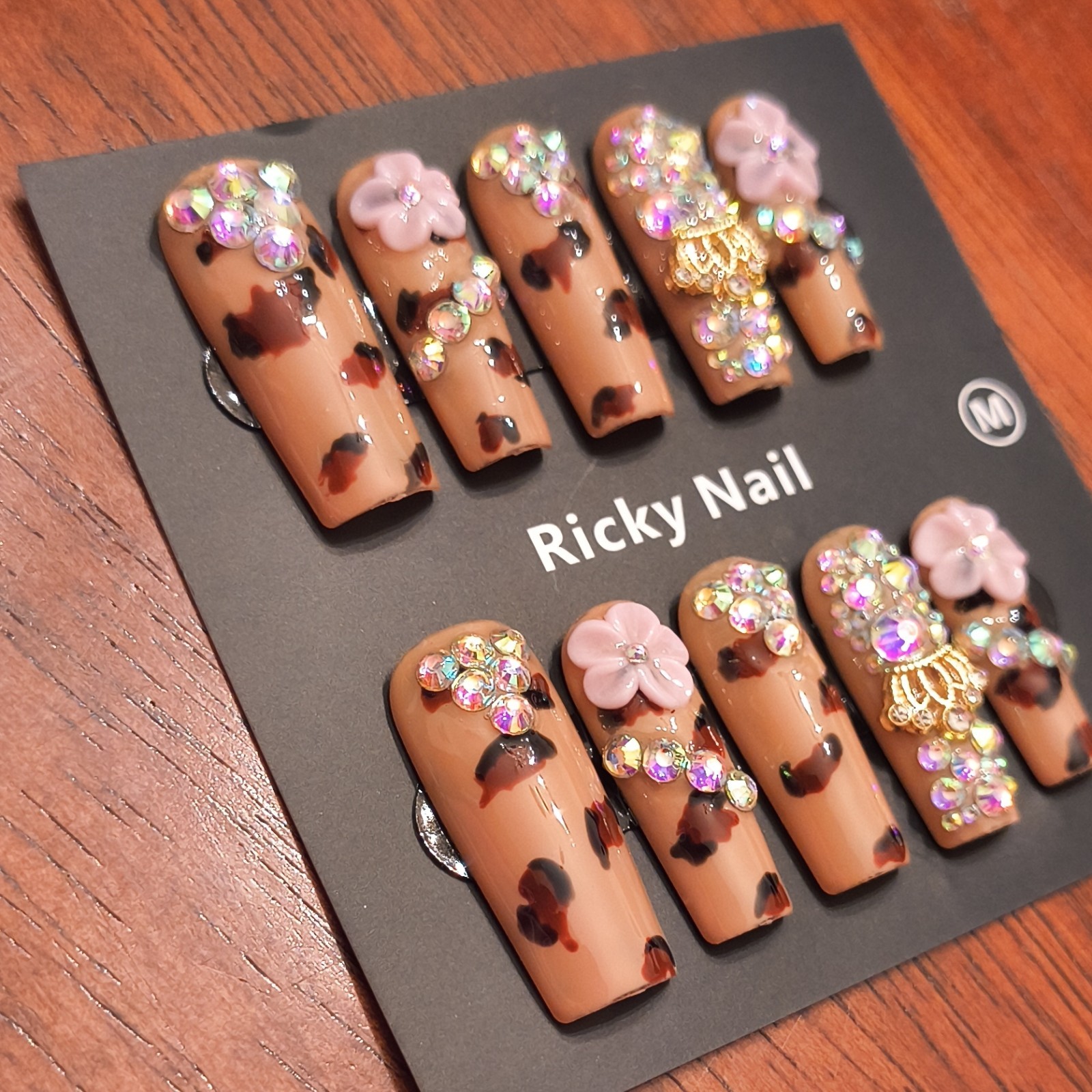 Ricky Nail Press-On Nails Long Coffin Beige Brown Pink 3D Flower Rhinestone Med