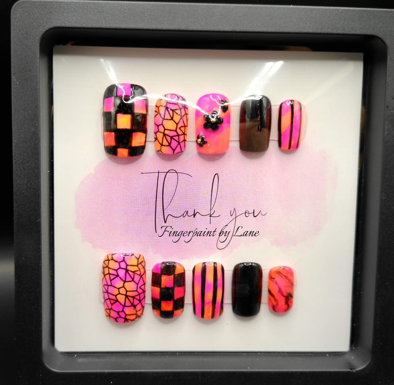 Short Square Neon Pink and Black Press On Nails – Medium Size
