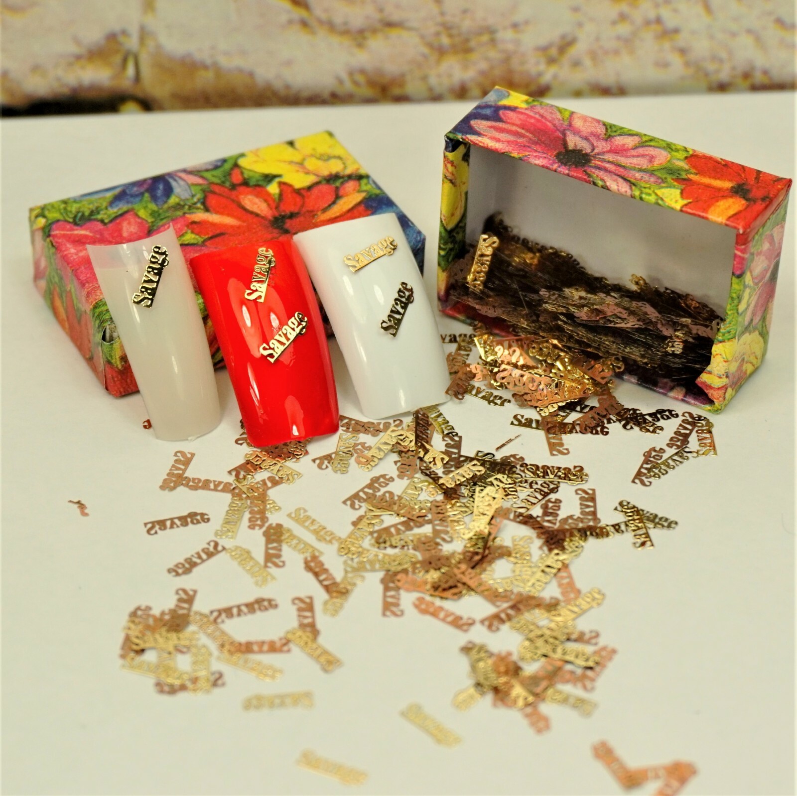25 GOLD METAL “SAVAGE” NAIL CHARMS NAIL DECALS SMALL GIFT IN BOX FOR WOMEN