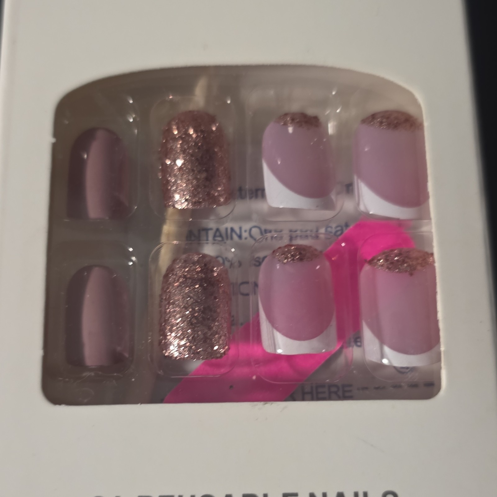 Press-On Nails 24pcs Pink/White Rose Gold Glitter French Medium Square