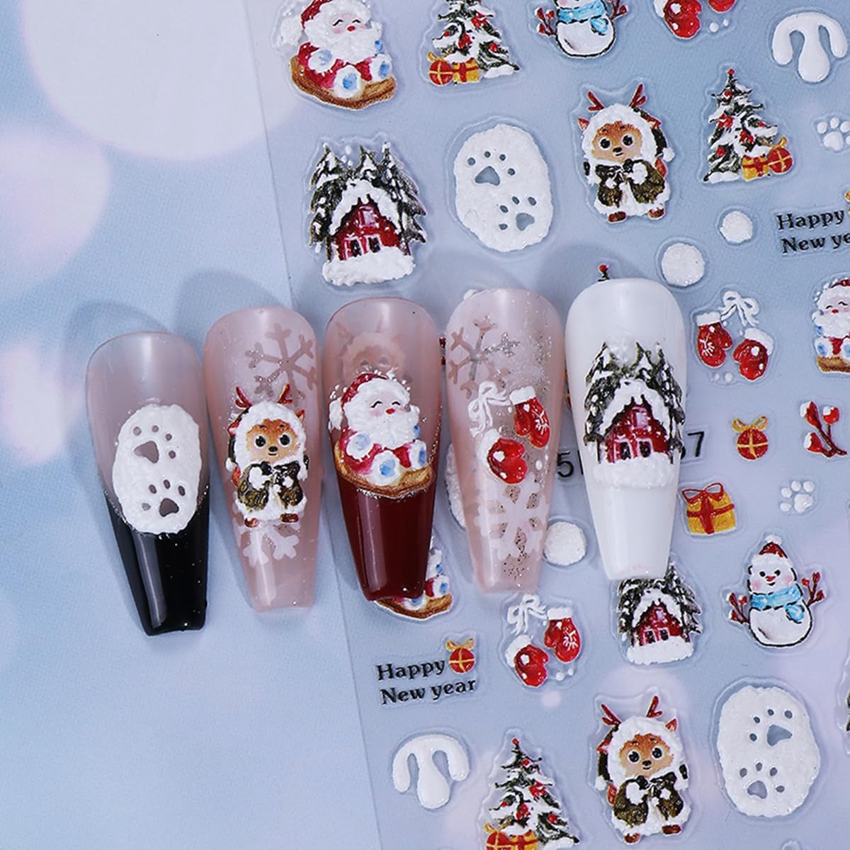2 Sheets Embossed Christmas Nail Stickers for Nail Art Santa Claus Snowman Na…