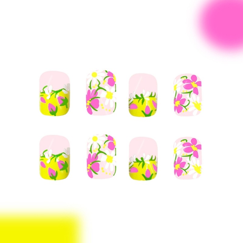 24 Pieces Short Square False Nail Fashionable Flower Press on Nail for Women