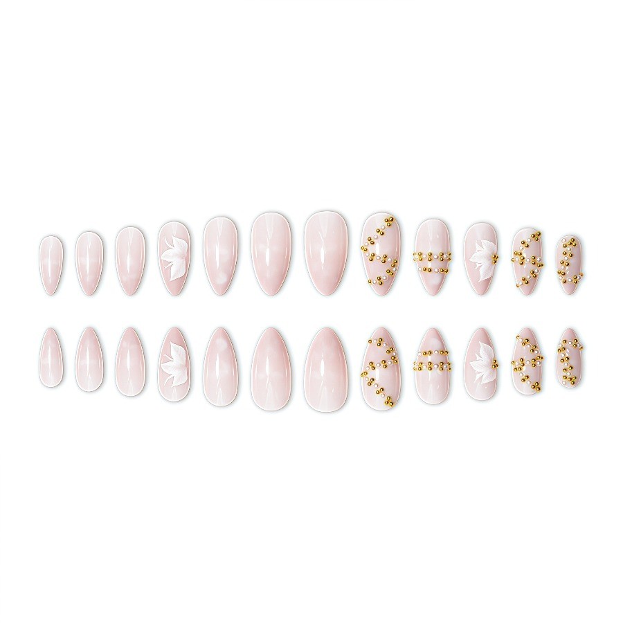 48Pcs-Long Almond Nude White Flower Pearl Gold Bead Press On Nails Set