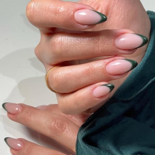 30 Pcs Dark Green French Tip Press on Nails Short Almond almond dark green