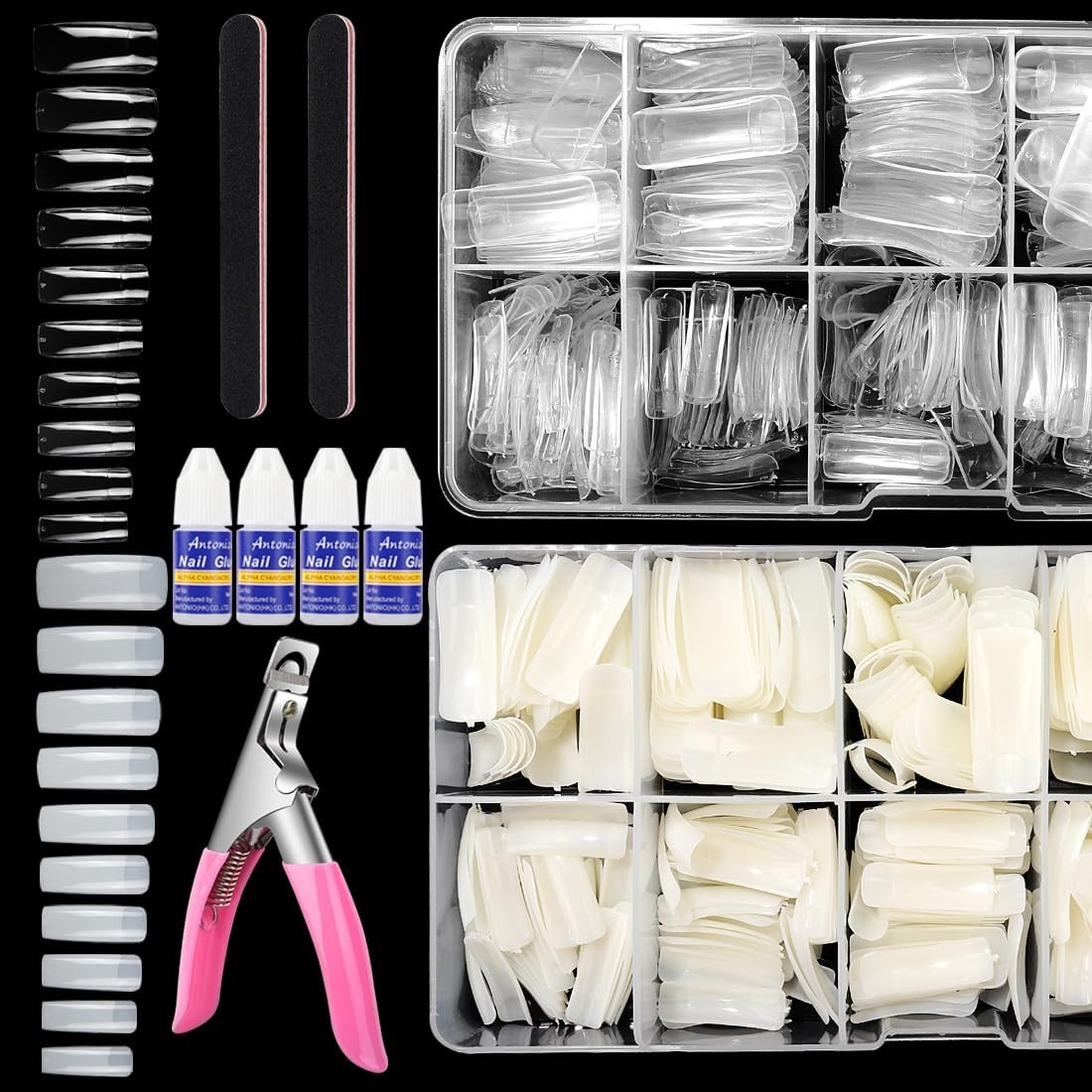 1000PCS Clear Natural Square Nail Tips & Glue, Half Cover French Acrylic Set, 10