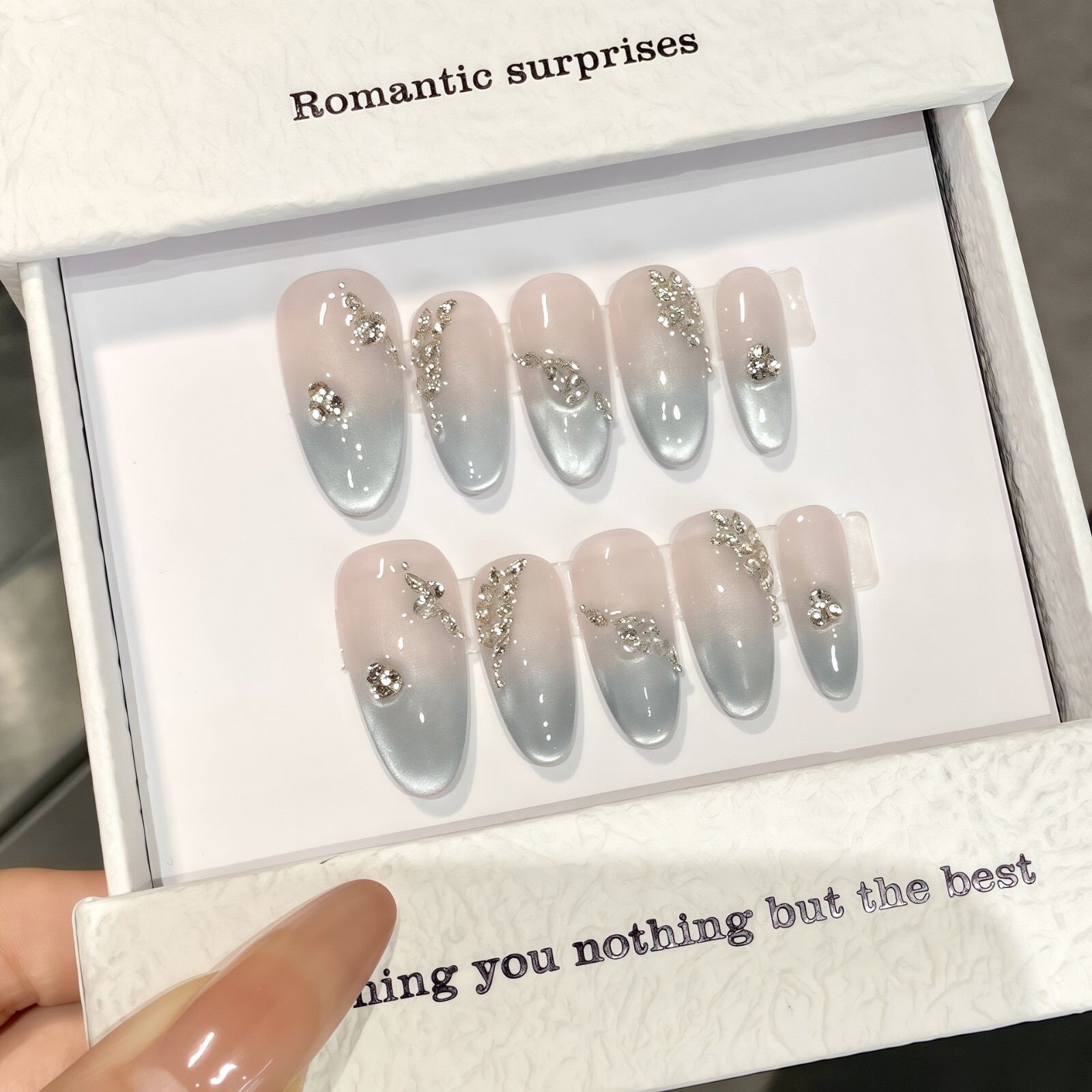Handmade Blue Ombre Shimmer False Nail Short Almond Press on Nail Nail Art