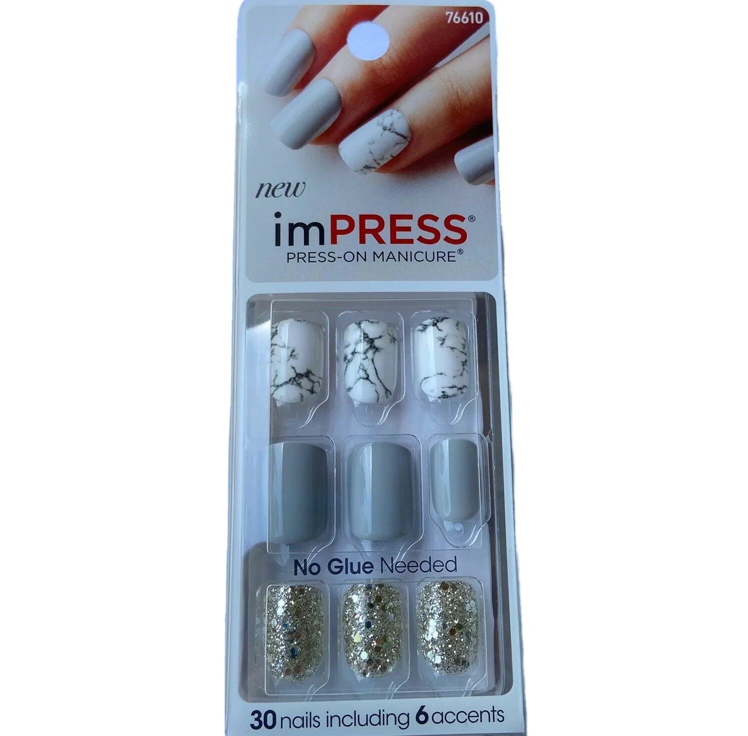 NEW Kiss Nails Impress Press On Manicure Short Gel White Marble Gray Silver