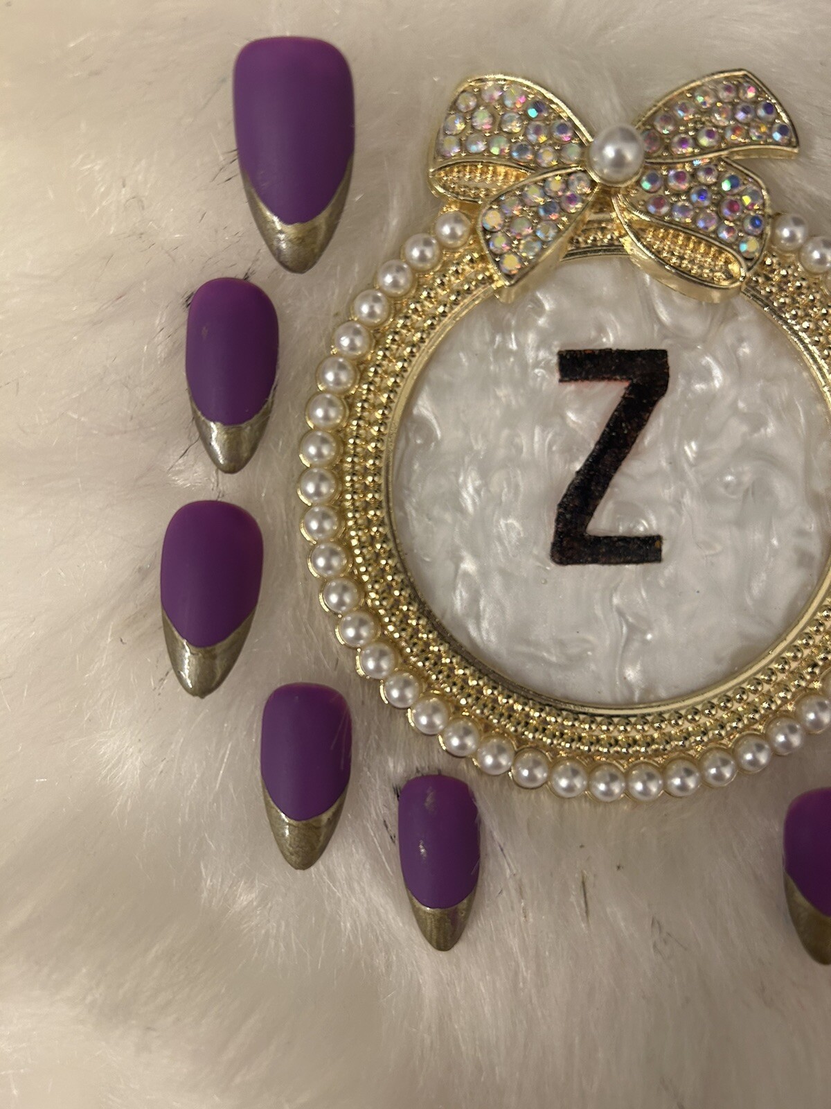 Z NAILZ! Gorgeous Set Of Handmade M Squoval Purple/gold French Press On Nails