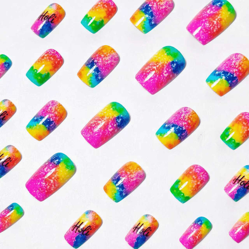48 Pcs Rainbow Glitter Holi Print Press on Nails, Long Coffin Bright Fake Nails