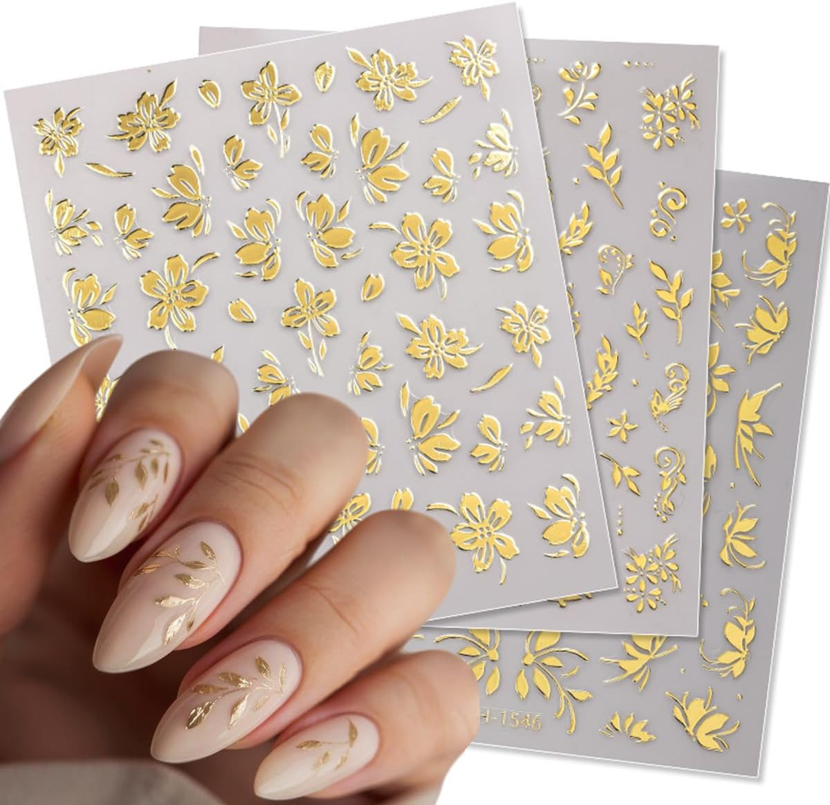 6 Sheets Gold 3D Nail Stickers Flower Leaf Nail Art Decals Self Adhesive Set 6