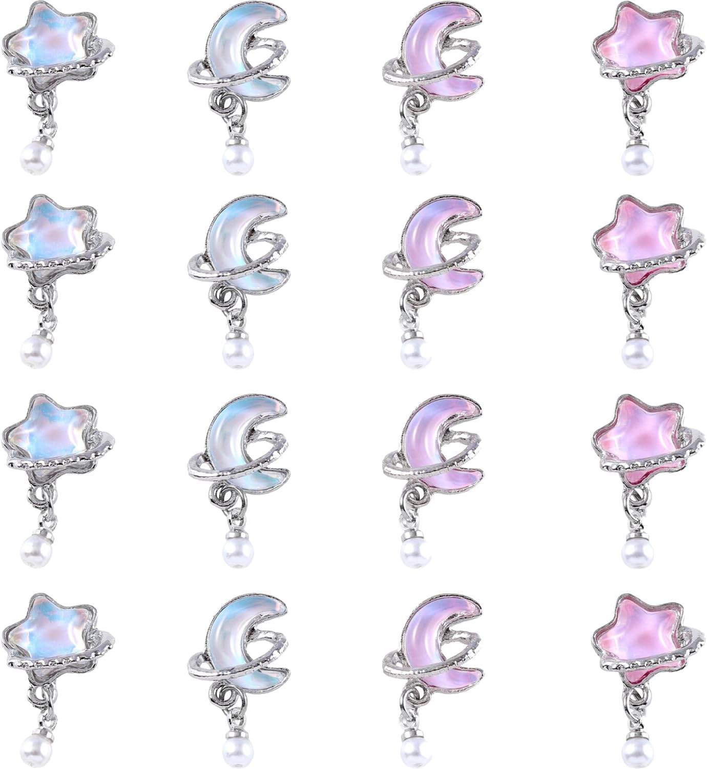 Star Moon Nail Art Charms 3D Alloy Rhinestones for Acrylic Nails | 16 Pcs Pink B