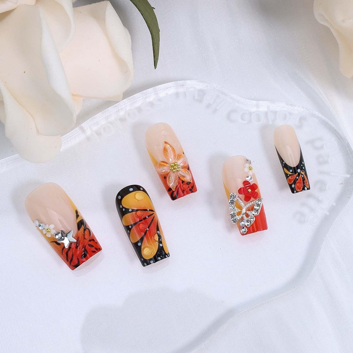 24Pcs Flower French Tip Press on Nails Long Square 3D Floral Butterfly Fake N…
