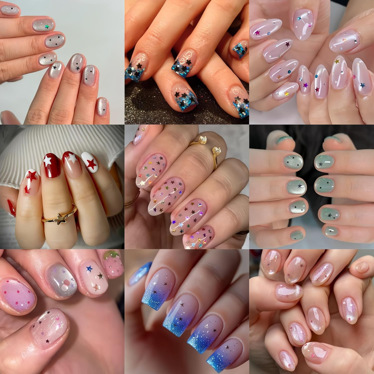 8 Sheets Star Nail Stickers 3D Self-Adhesive Celestial Nail Decals 8 Colors Mini