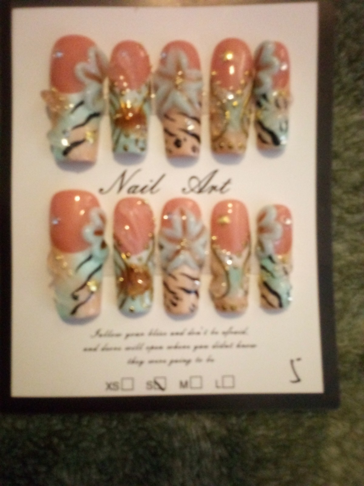 Fashion 3D Press-On Nails Peach Blue Gold medium Square Animal Floral